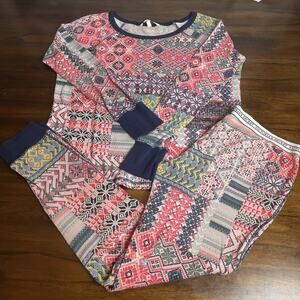 Victorias Secret Small Fair Isle Patchwork Thermal Pajama Set Red & Navy Cozy